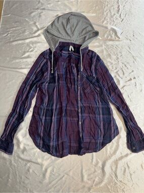 Plaid Button-Up Shirt with Gray Hood - Purple Plaid